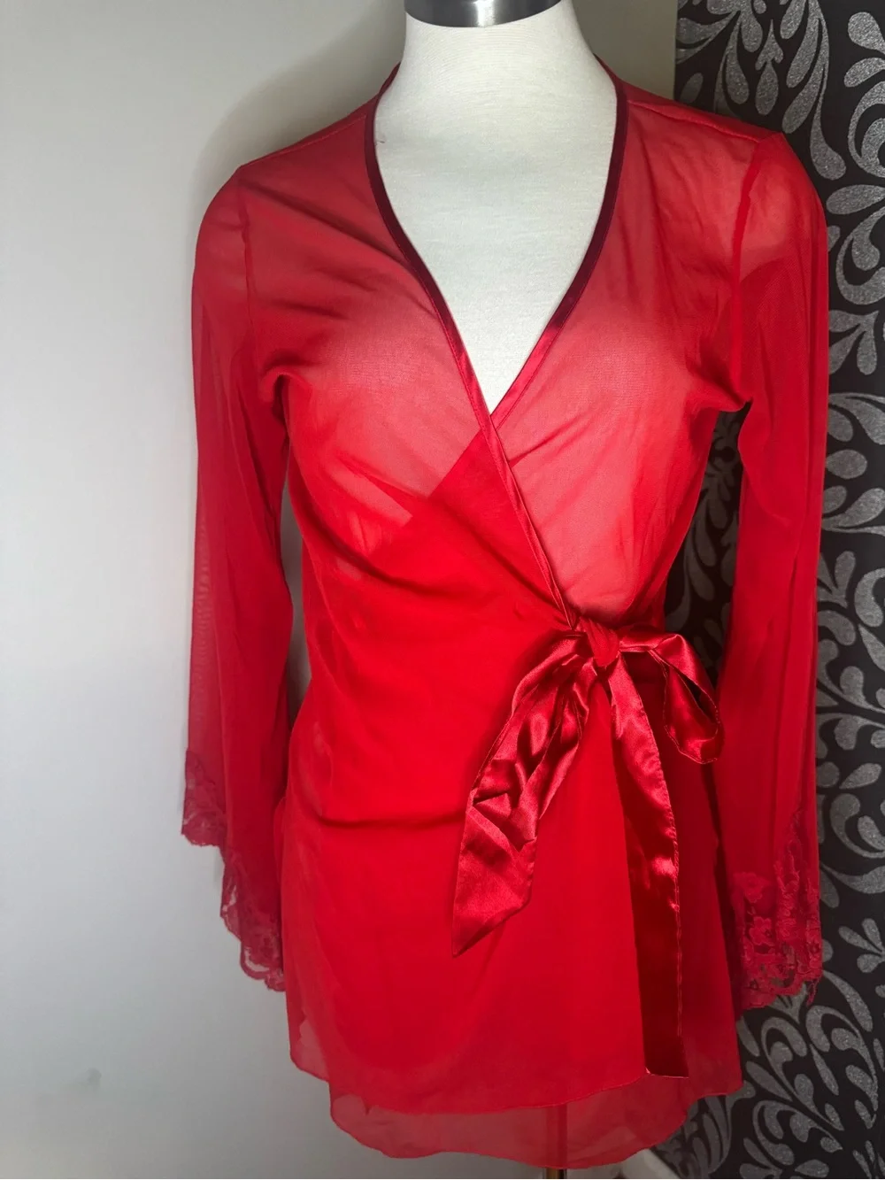 Frederick’s of Hollywood Red Sheer Wrap Robe with Satin Tie with lace sleeves.